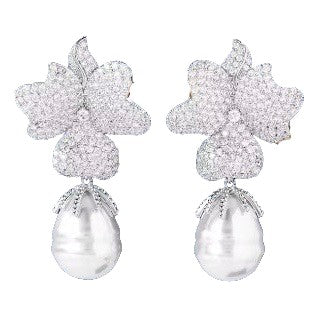 Giorgia Pearl Statement Earring from Anna Bellagio - Micro Pave' Crystals on the Petals of the Flower top with a Baroque White Glass Pearl.