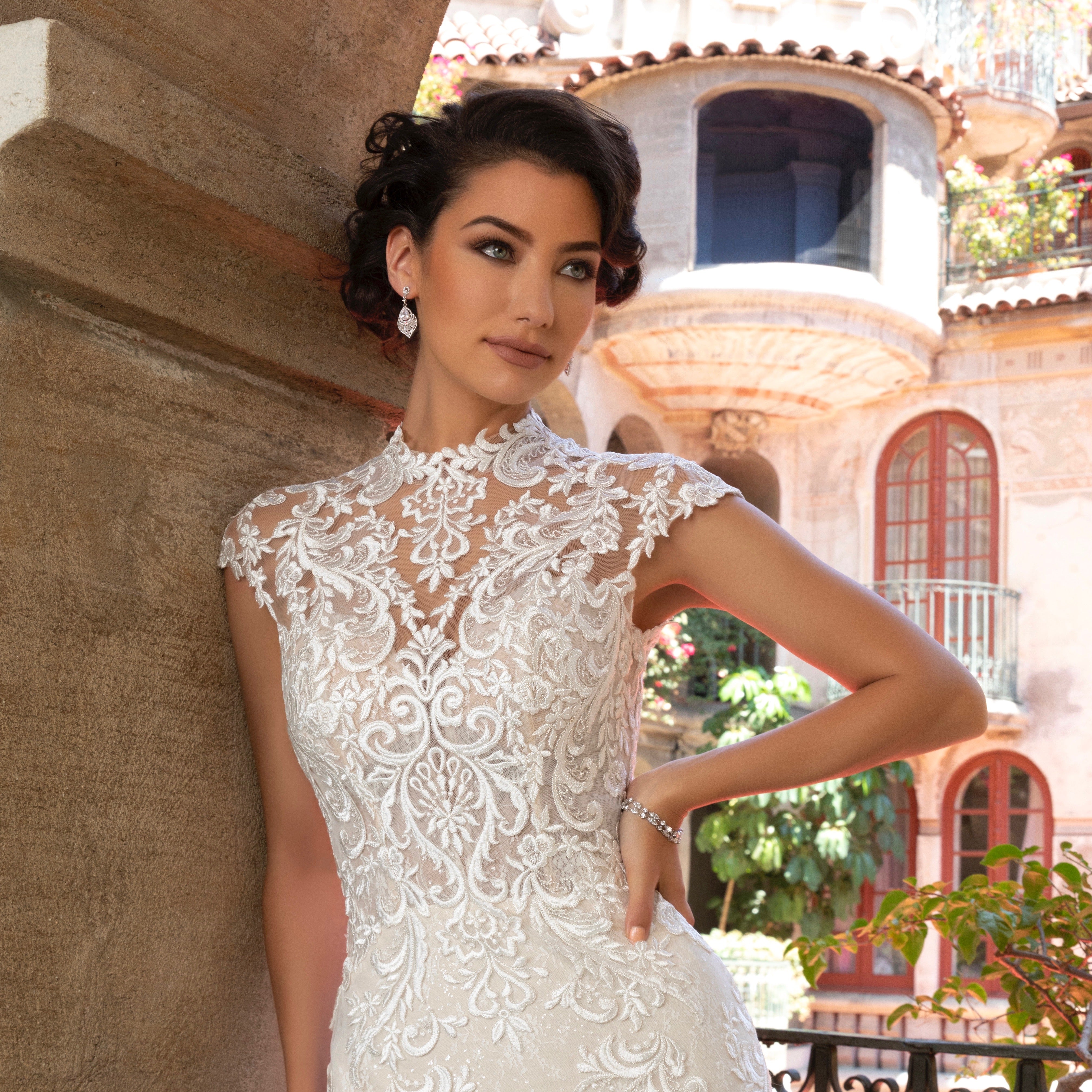 Margaux Vintage Inspired Dangle Earrngs with Model Bride in a beautiful setting.