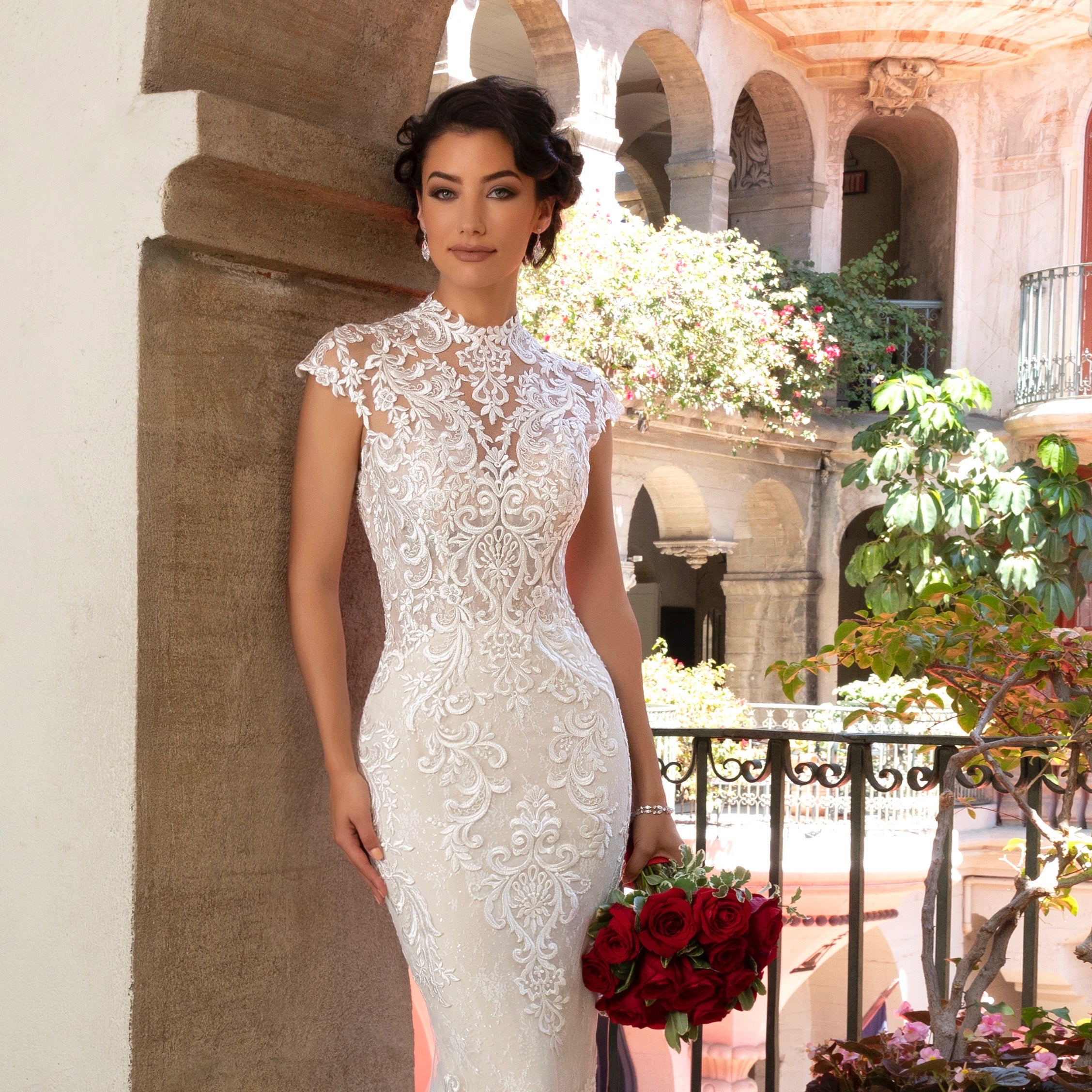 Margaux Vintage Inspired Dangle Earrings from Anna Bellagio. Model Bride is wearing a Kitty Chen Couture Bridal Gown.