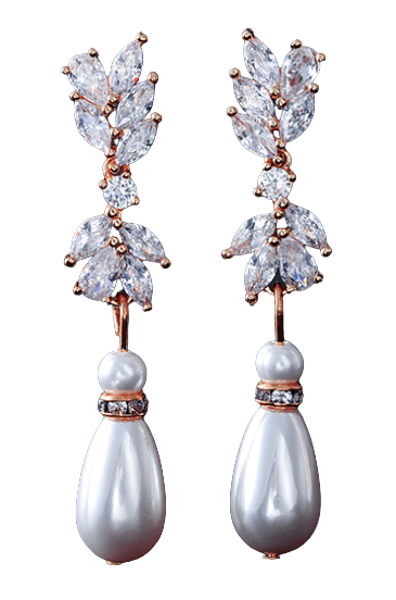 Michelle Gold Pearl Earrings from Anna Bellagio. Floral Cluster Cubic Zirconia with a Teardrop Pearl Dangle