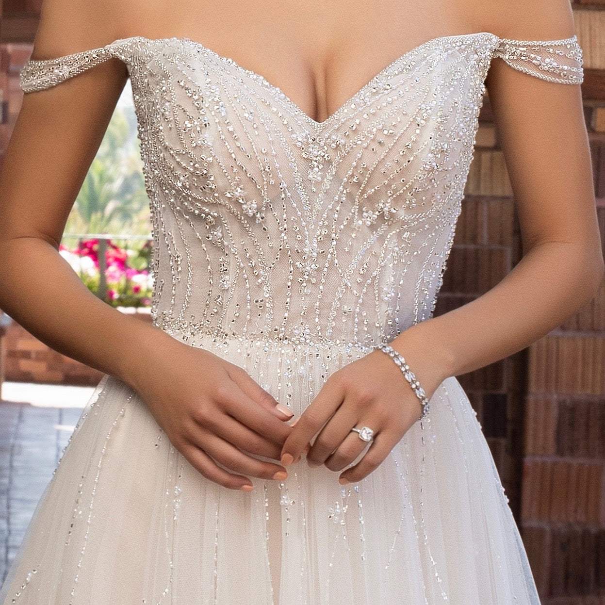 Mischa Dainty 2-Row Bridal Bracelet on a Model Bride wearing a Kitty Chen Bridal Gown.