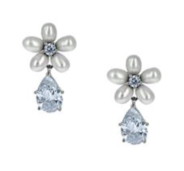 Aster Floral Freshwater Pearl Earrings | Anna Bellagio Five Freshwater pearls designed in a flower top dangles a pear shaped stone