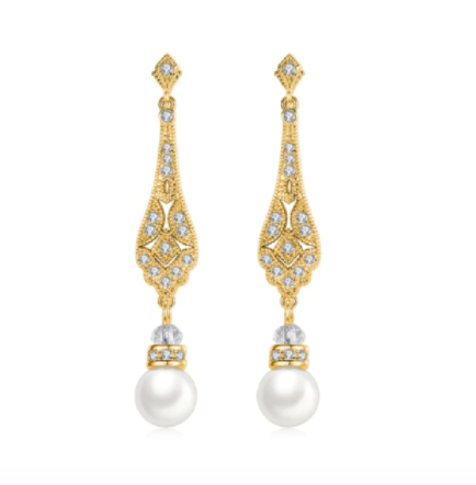 Geneva Gold Pearl Dangle Earrings.