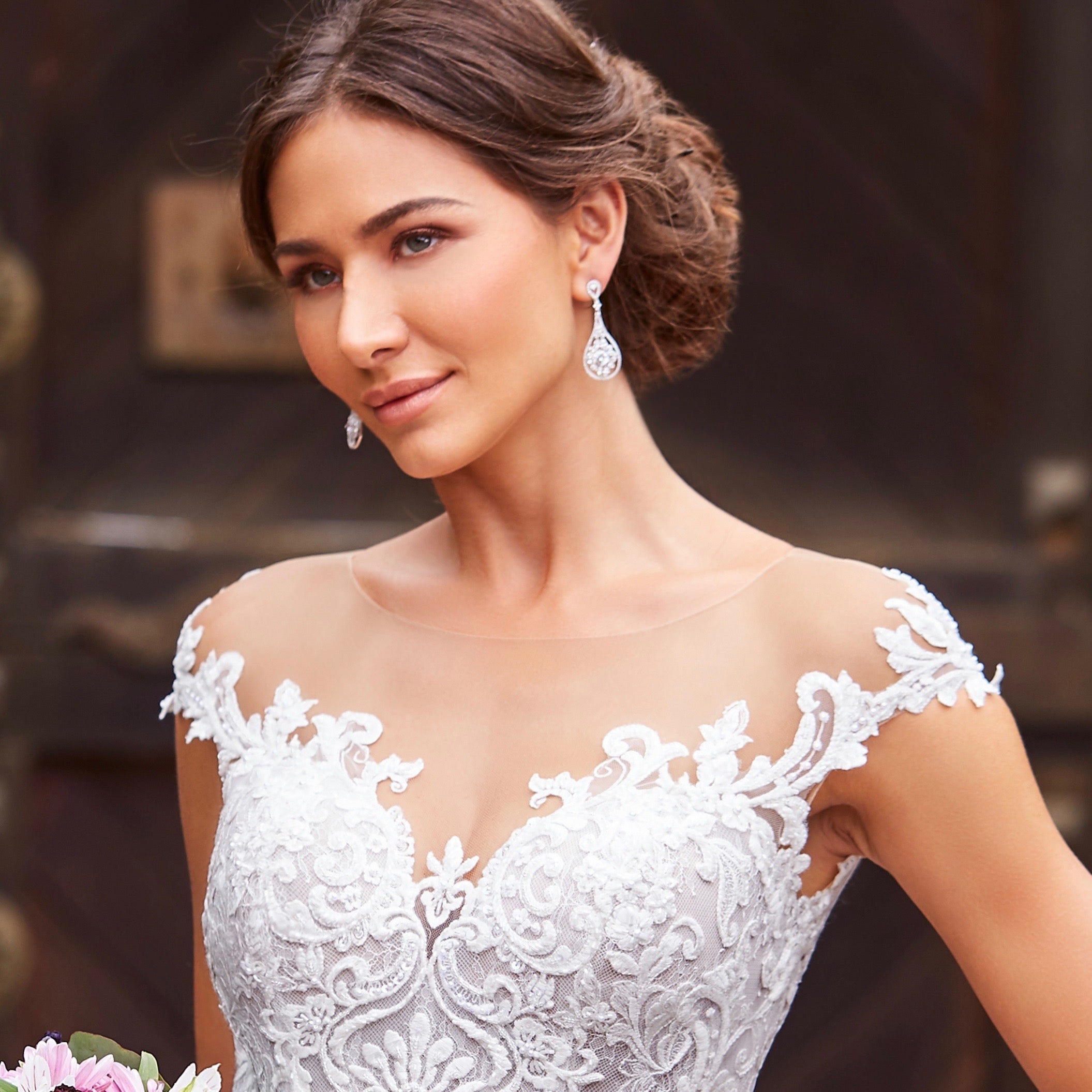 Guenevere Crystal Statement Earrings from Anna Bellagio on Model wearing a Kitty Chen Couture Gown.