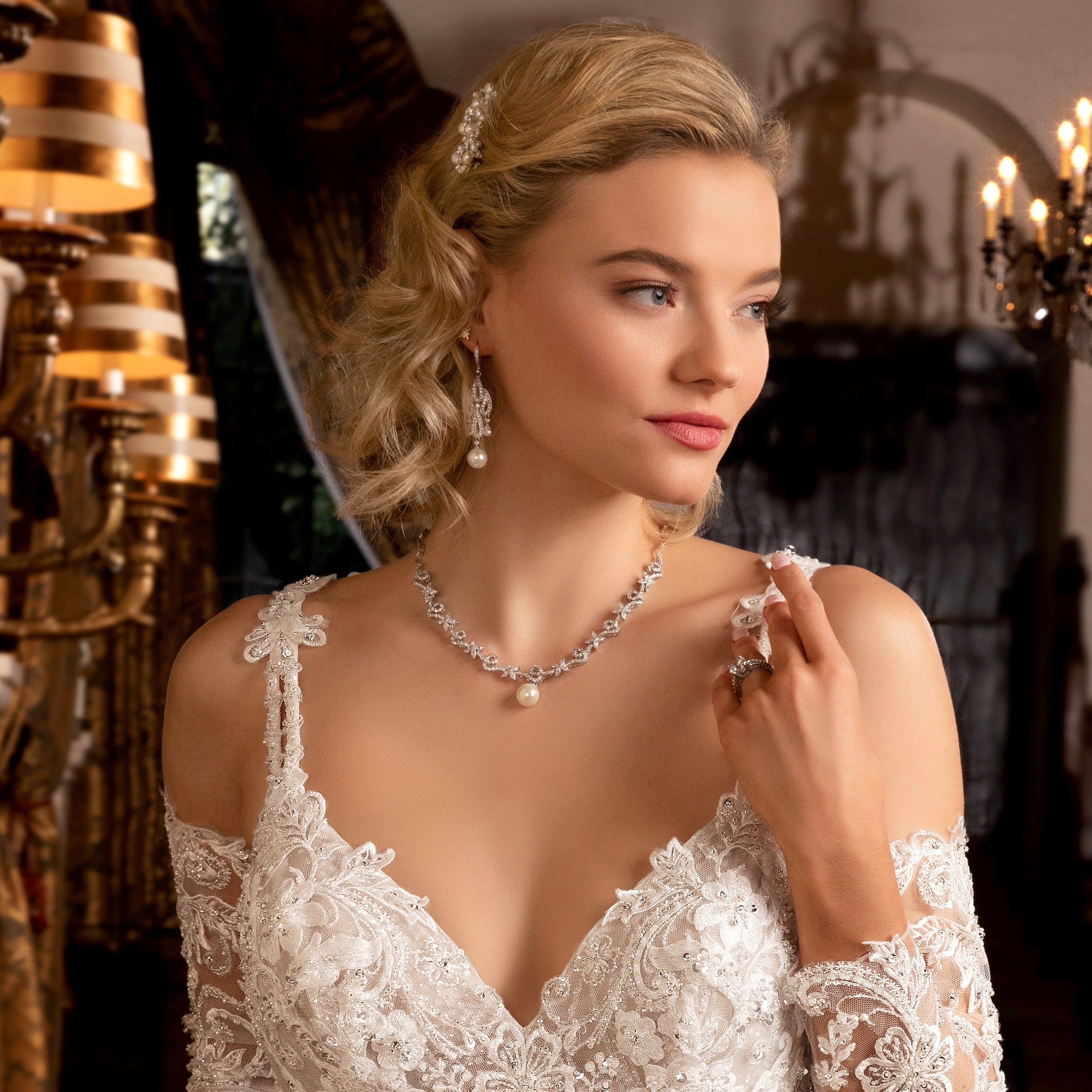 Silvia Pearl and Crystal Necklace | Anna Bellagio Model Image