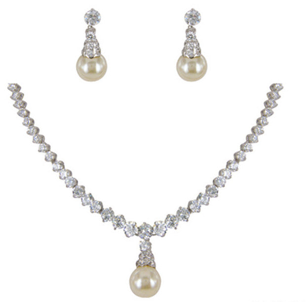 Gloria Cubic Zirconia and Pearl Bridal Necklace and Earring Set