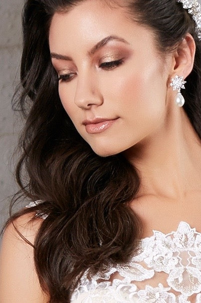 Sunburst Floral Pearl and Crystal Earrings | Anna Bellagio Model Image