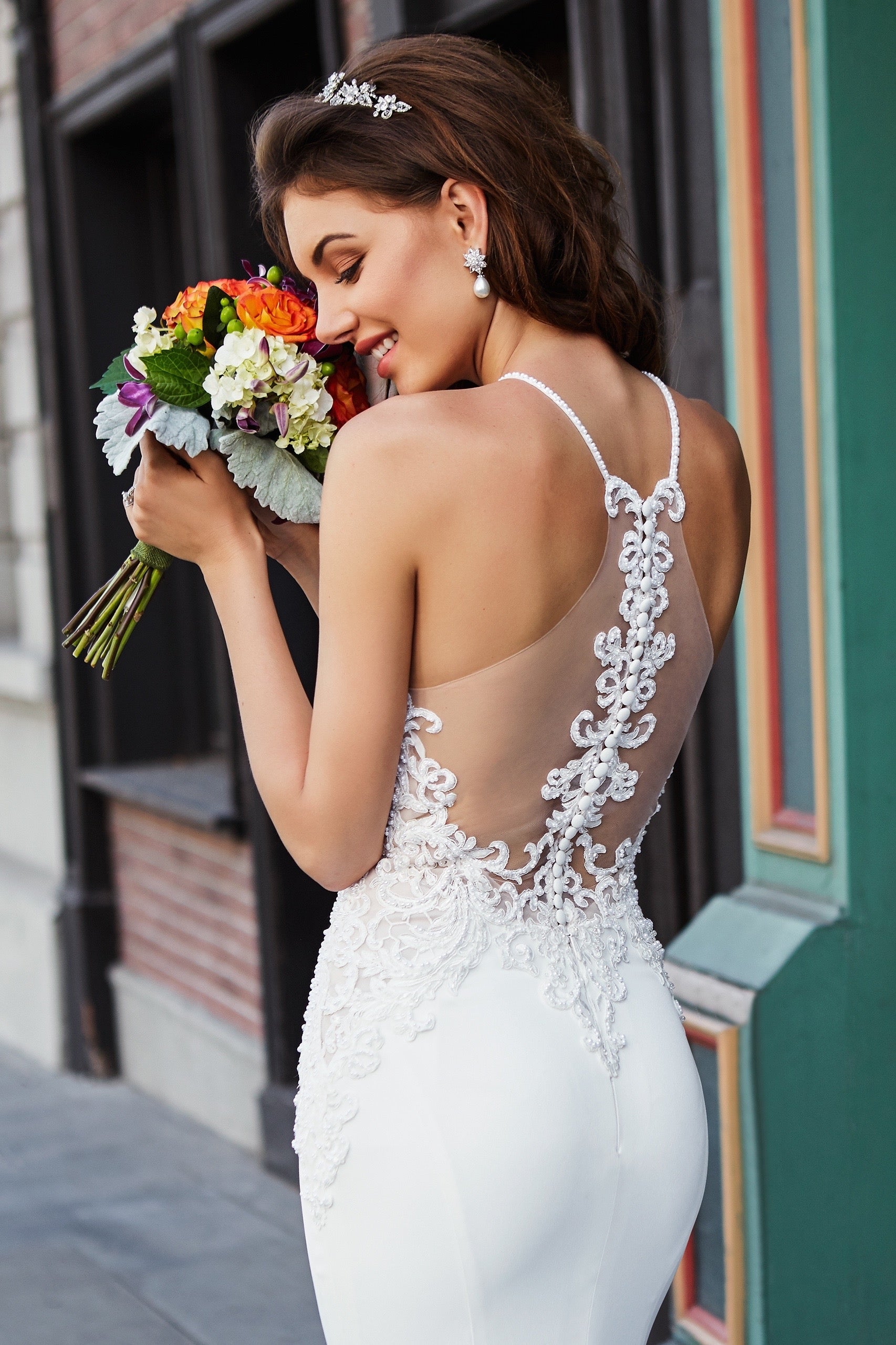 Sunburst Floral Pearl and Crystal Dangle Earring | Anna Bellagio Model Image