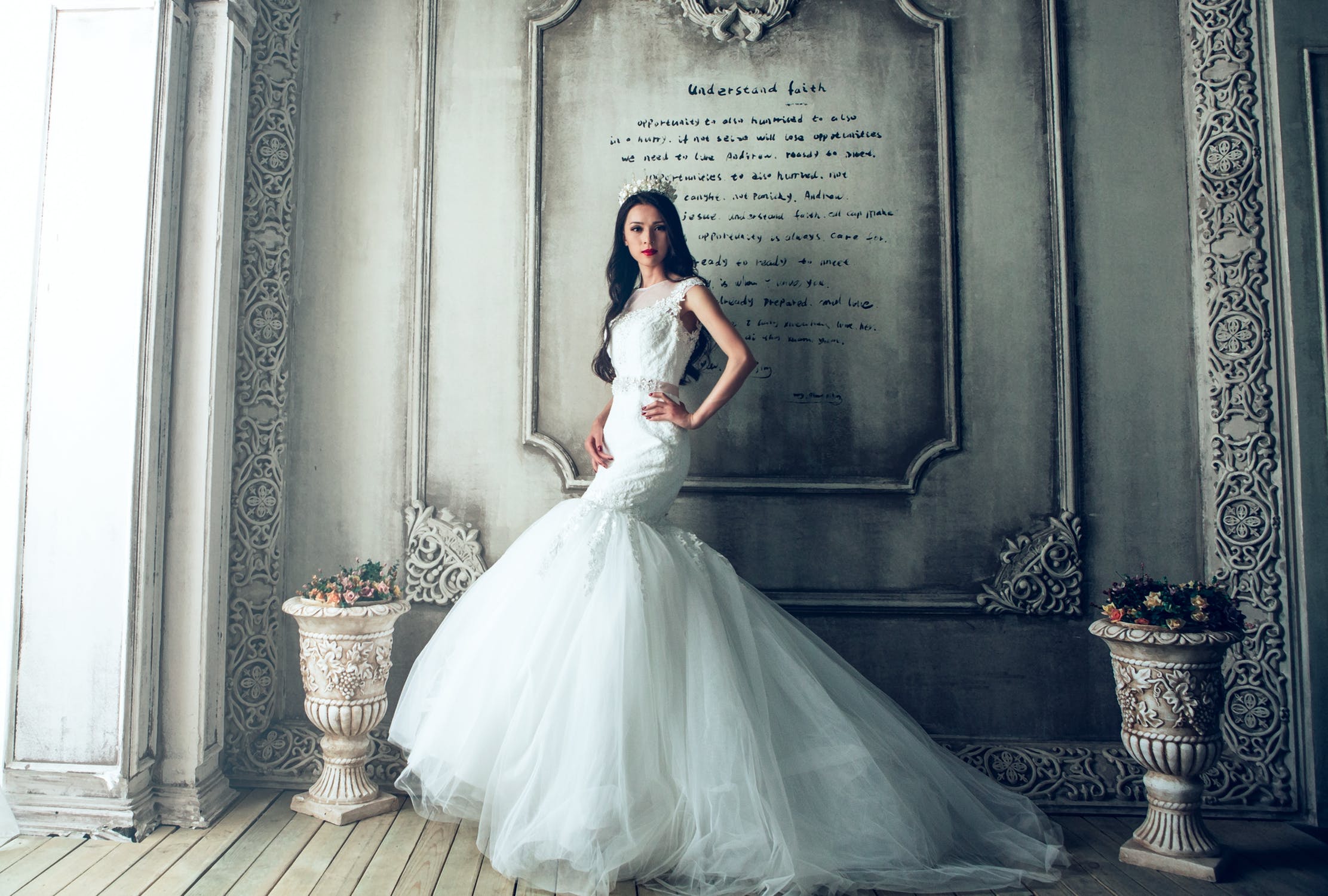 Wedding dress with clearance veil and tiara