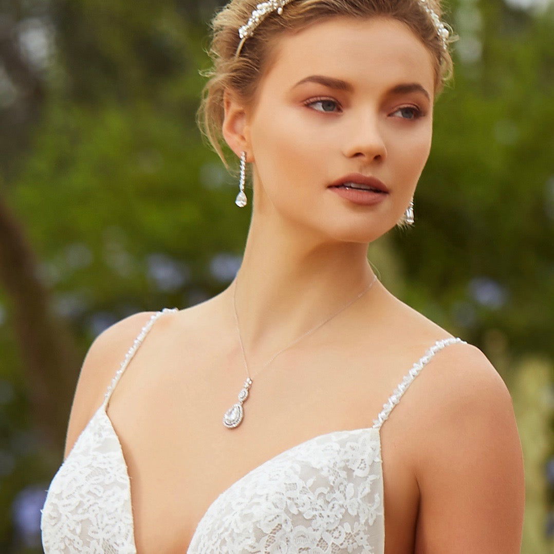 Keira Pendant Necklace - Model Bride wearing the necklace in a garden.