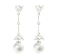 Rose Pearl Dangle Earrings from Anna Bellagio. A trillion stone hangs marquise shaped cubic zirconia stone and a glass pearl.