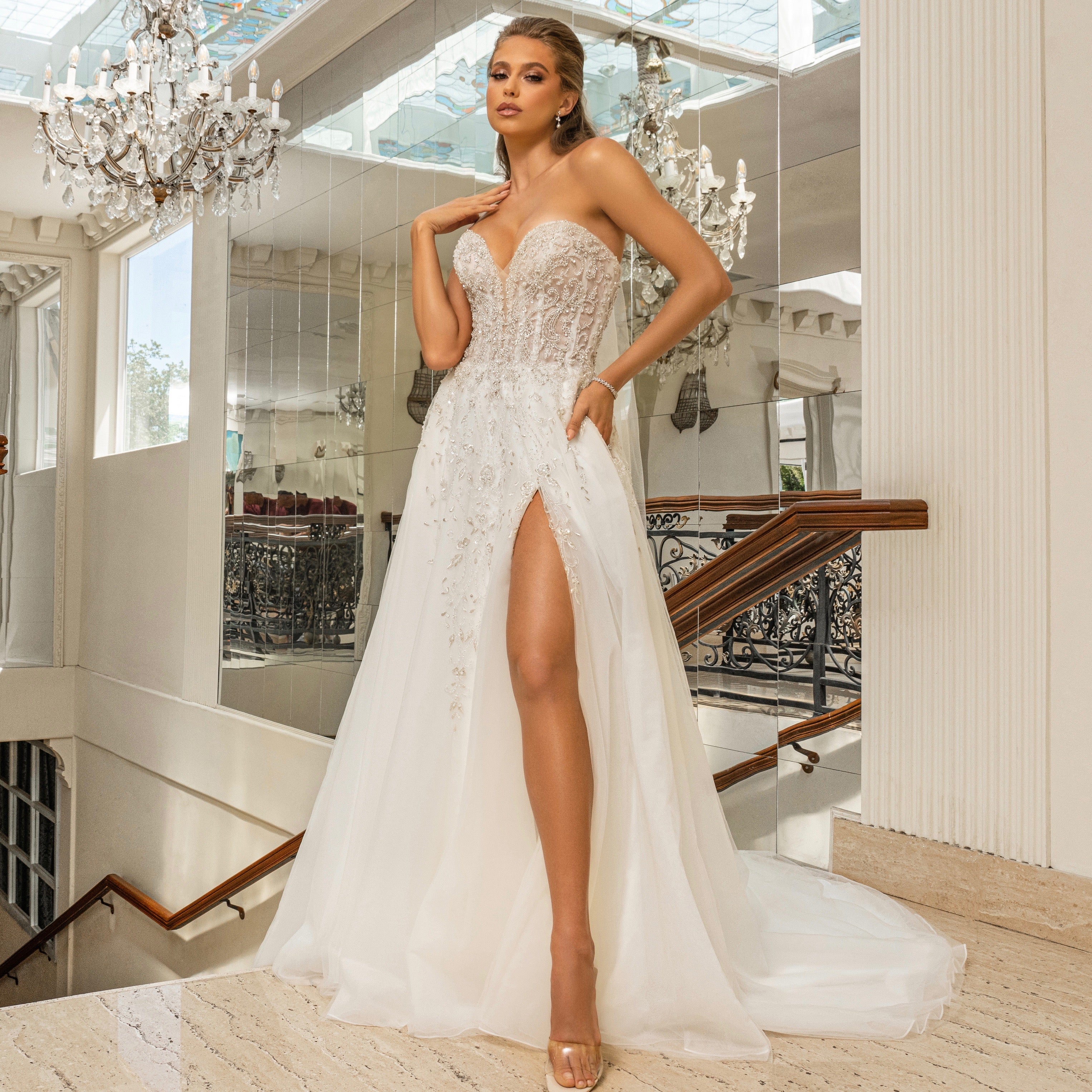 Serafina Floral Bridal Bracelet on Model Full length image with a Kitty Chen Bridal Gown