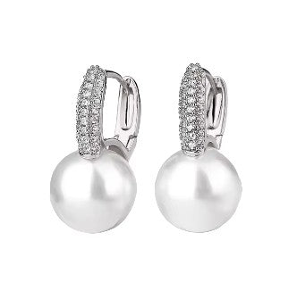 Taryn Pave' Crystal and Pearl Hoop Earrings from Anna Bellagio . Hand set micro Pave' Crystals with a 12mm Pearl on  Hoop earring Style