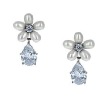 Pearl and CZ flower earrings in platinum finish 