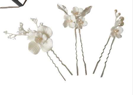 Bree Porcelain Floral Silver Hair Pins