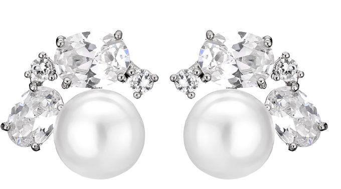 Carlie Pearl and Crystal Silver Stud Earrings