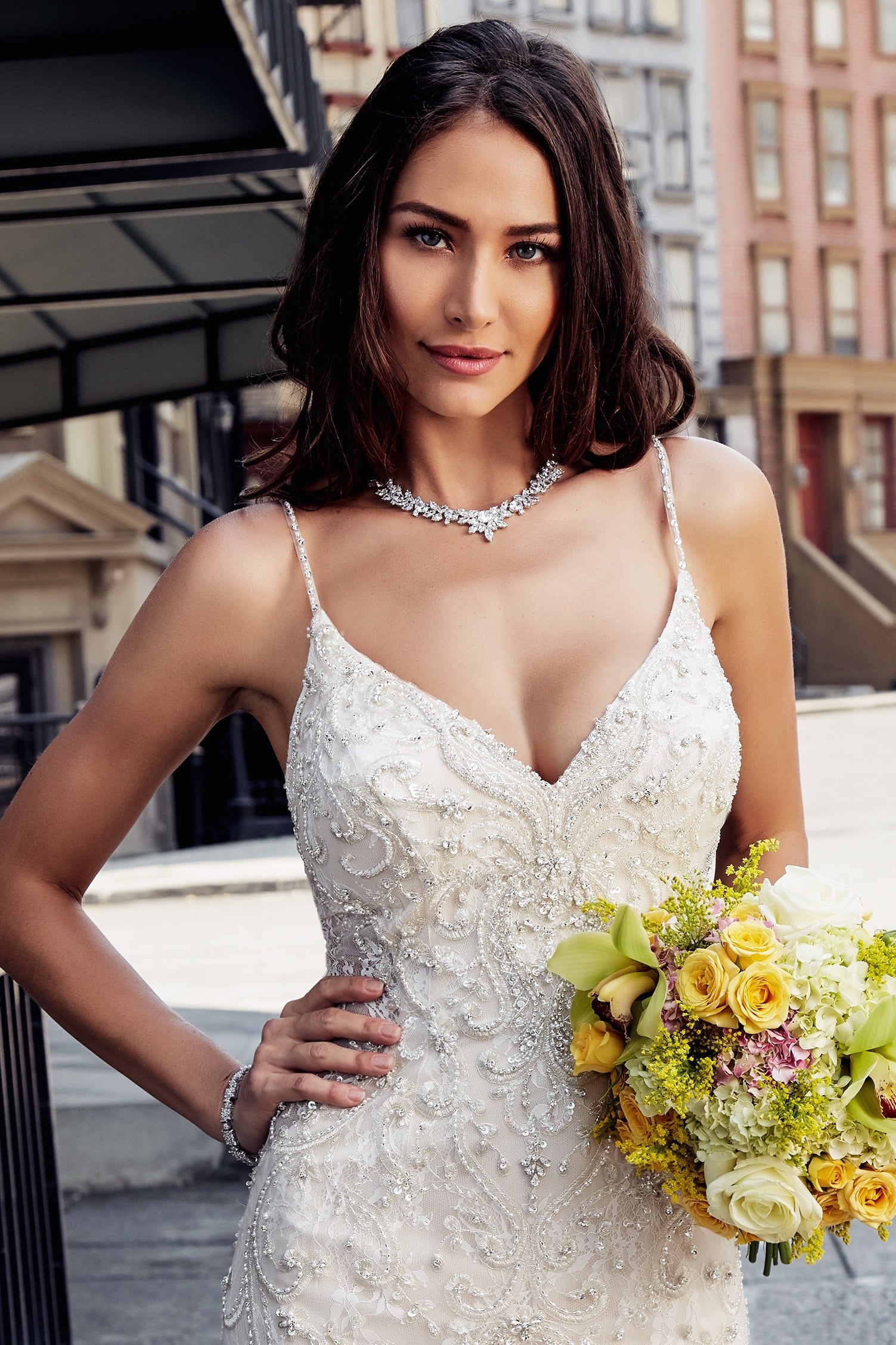 Everley Floral Statement Necklace and Earring Set on Model.