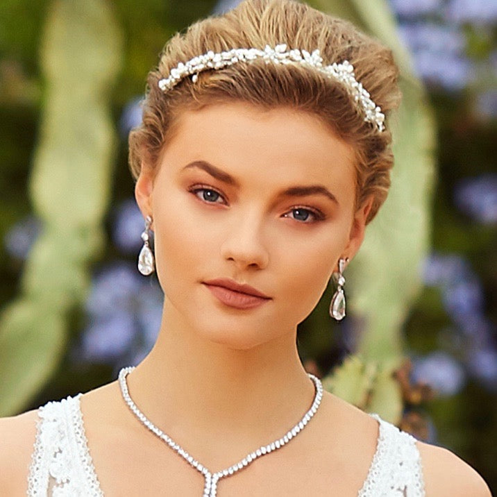 Petra Cubic Zirconia Earrings from Anna Bellagio. Bride close-up wearing them