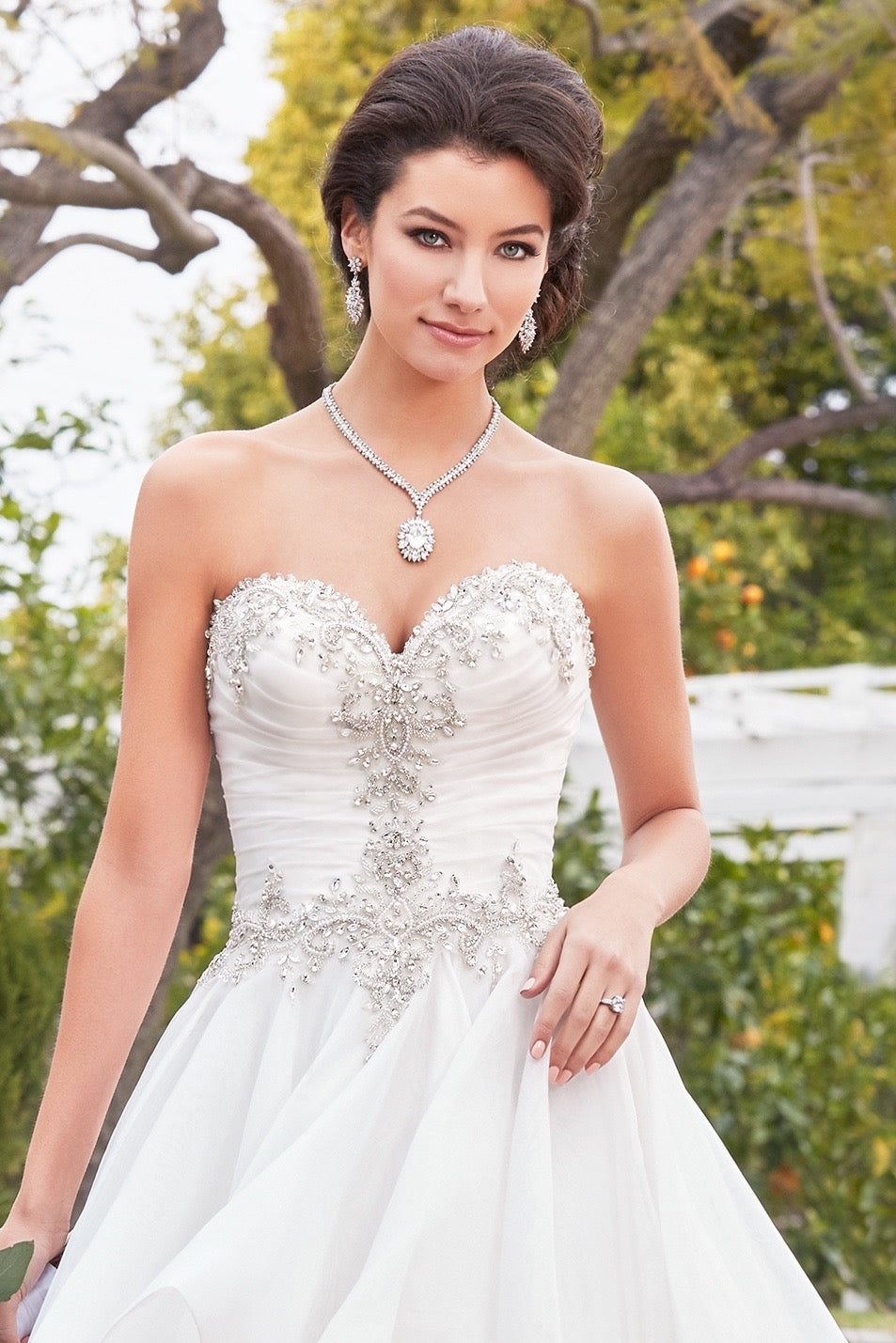 Annaliese Earrings paired with our Astrid Statement Necklace worn by a Bride wearing a Kitty Chen Bridal Gown Anna Bellagio Jewelry