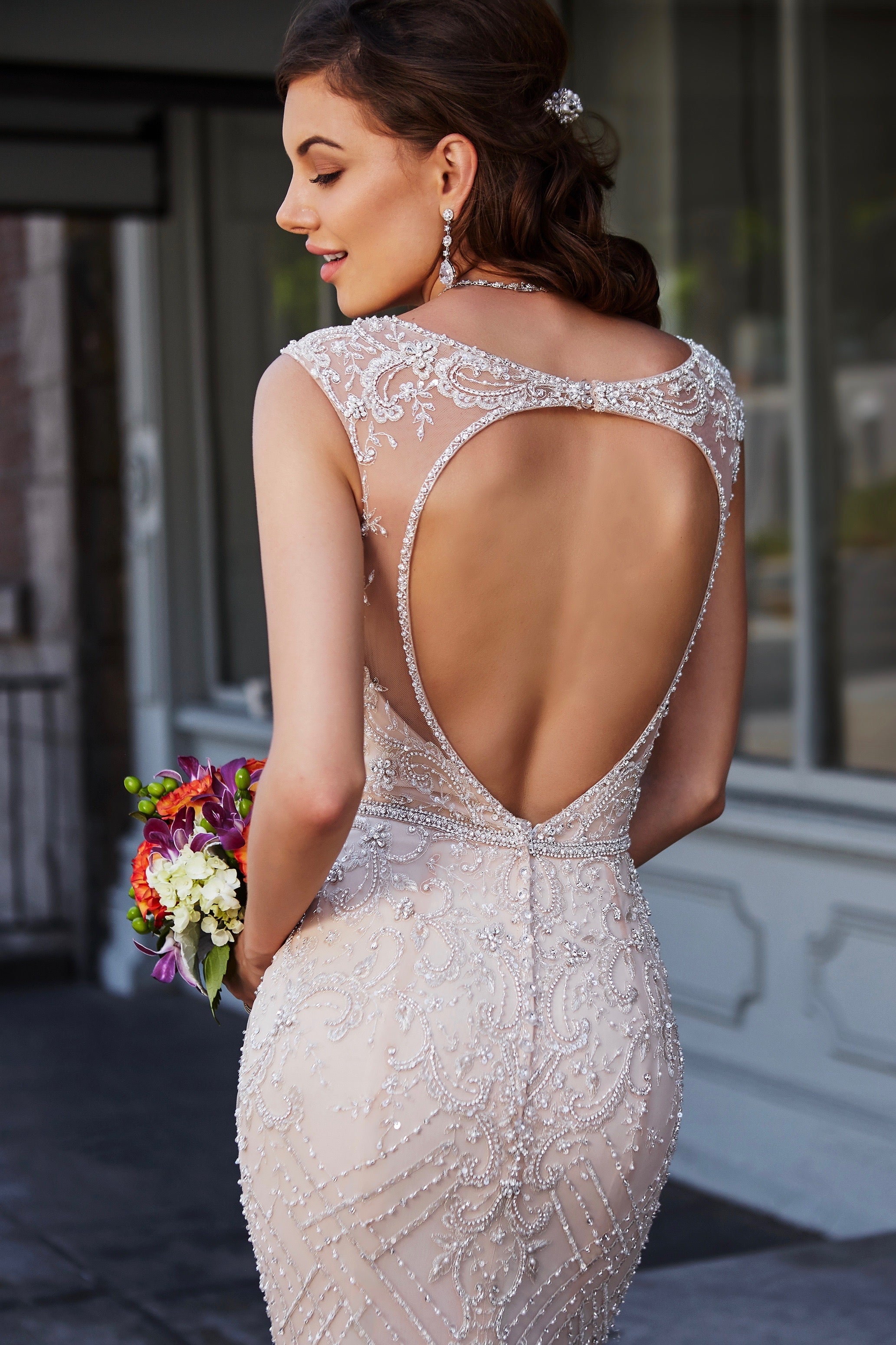 Aryanna Dramatic Dangle Earrings | Anna Bellagio Model Image with Kitty Chen Couture Bridal Gown