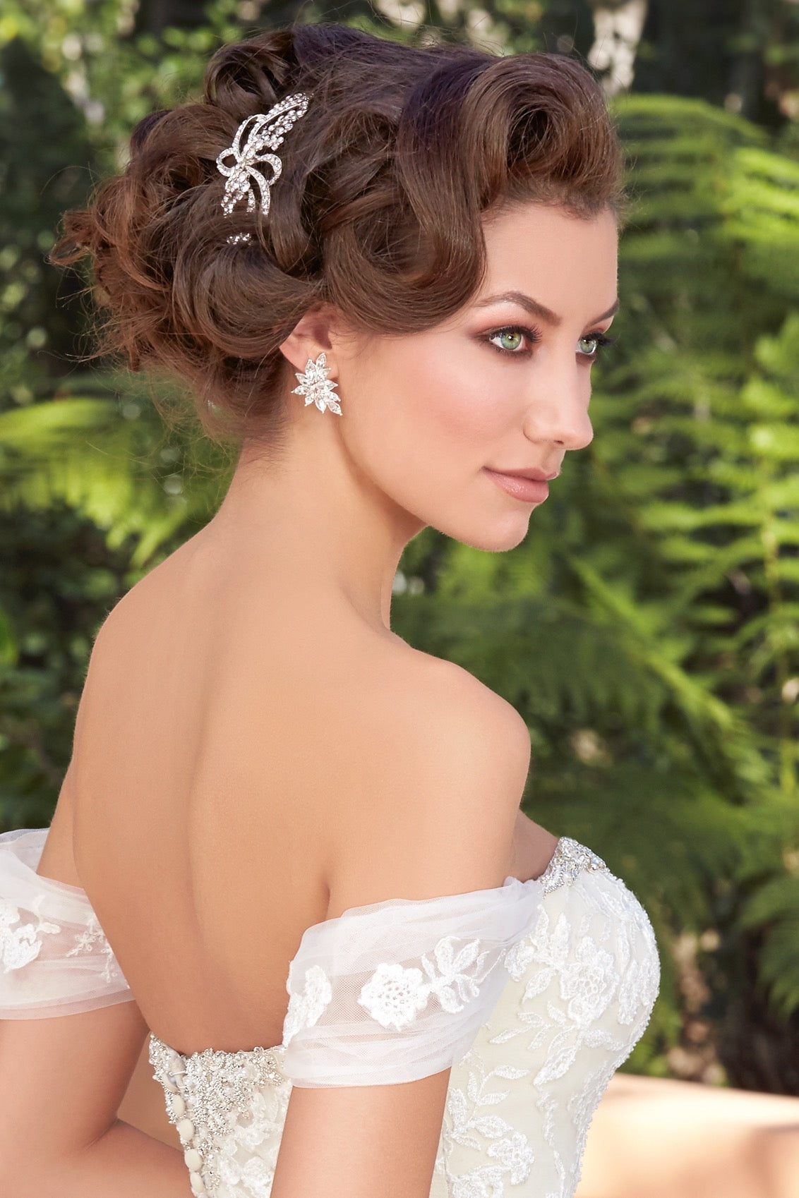Cassandra Cluster Bridal Earrings on Model Side Close-up