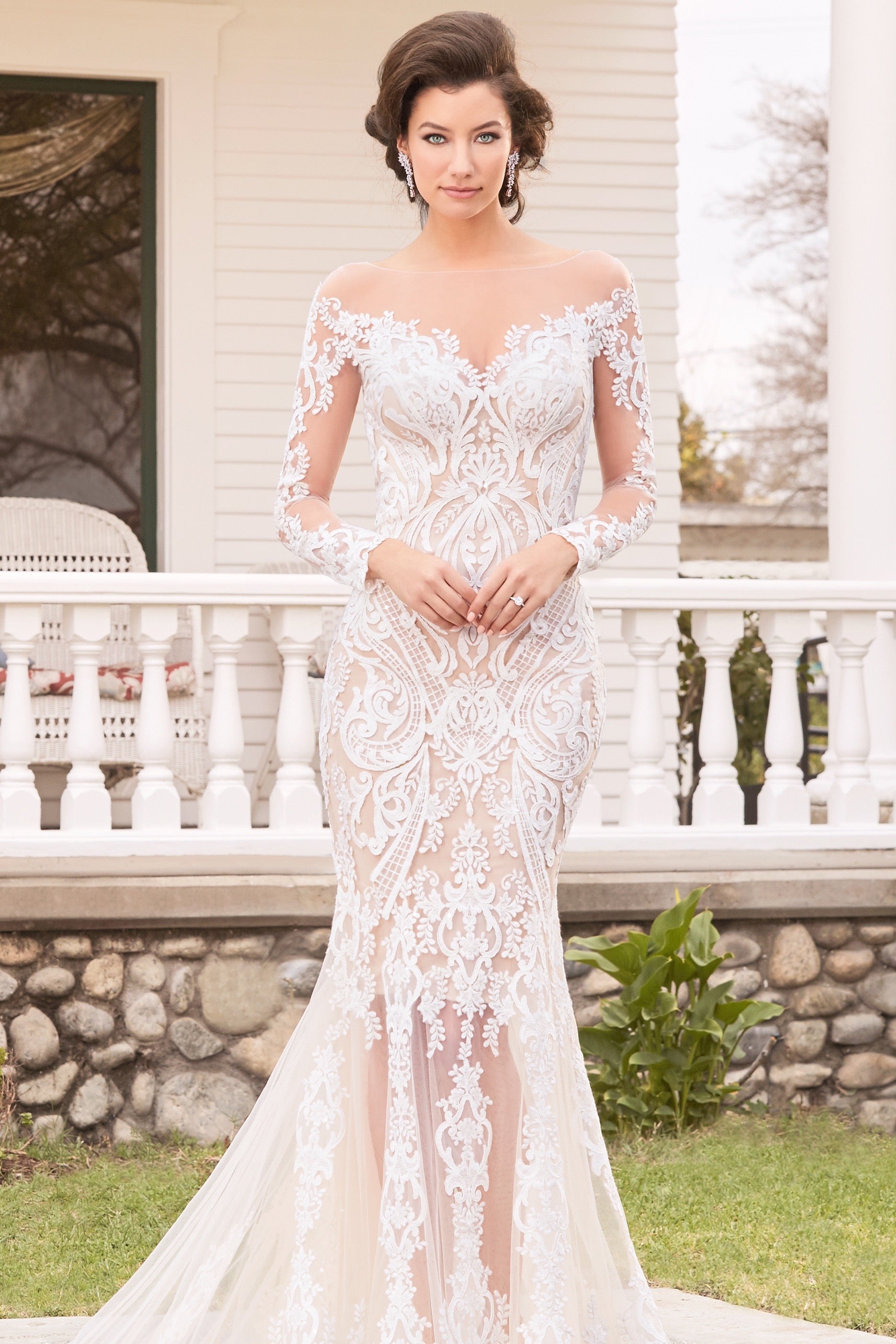 Daniela Floral Statement Earrings with Adrianna Gown from Kitty Chen Couture, Model is wearing our Daniela Floral Statement Earrings. 