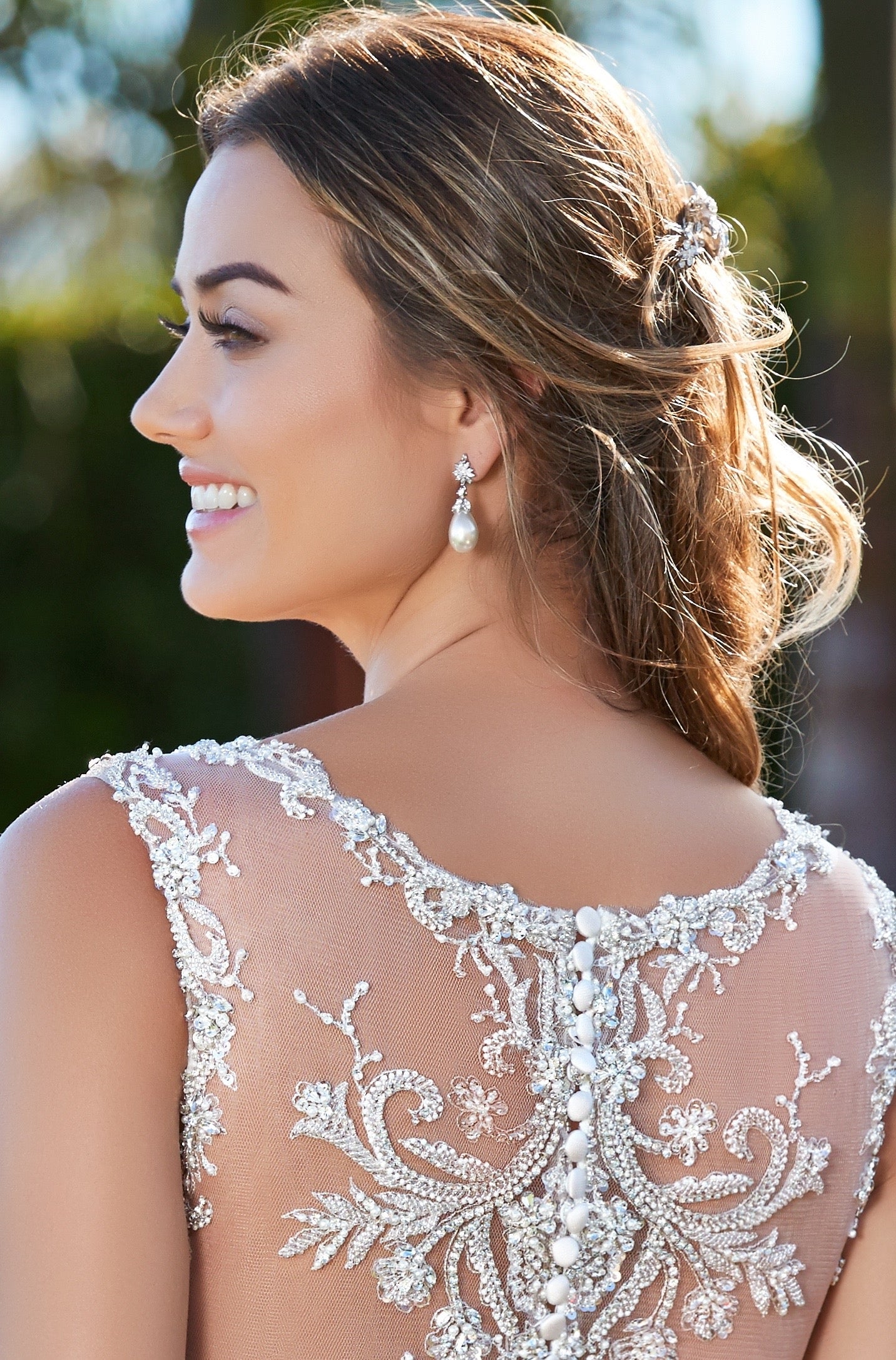 Felice Earrings ona Bride Model wearing a Kitty Chen Couture Bridal Gown. 